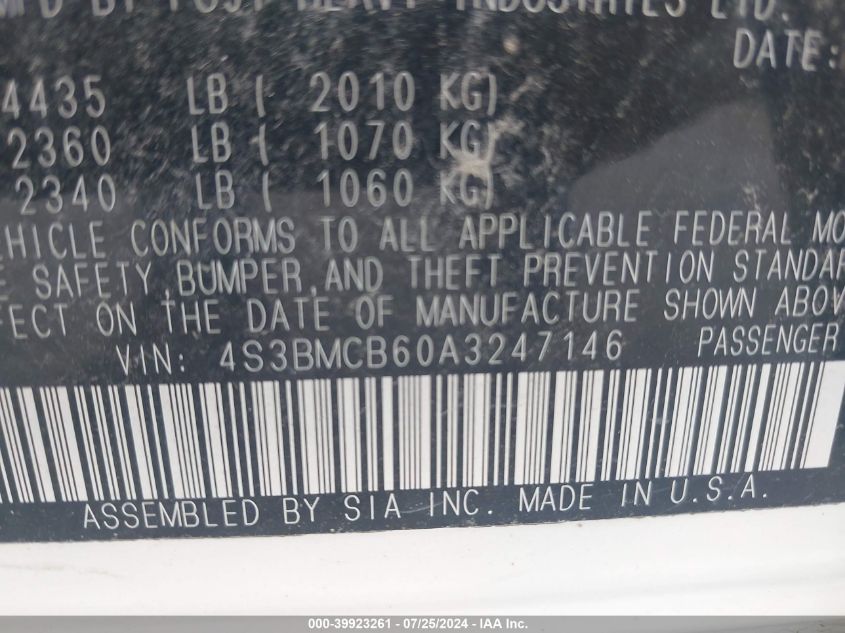 2010 Subaru Legacy 2.5I Premium VIN: 4S3BMCB60A3247146 Lot: 39923261