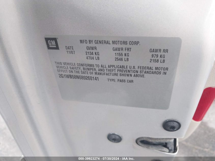 2008 Chevrolet Impala Ls VIN: 2G1WB58N689260141 Lot: 39923274