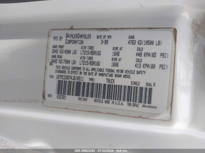1999 Dodge Ram 3500 St VIN: 1B7MC3367XJ610511 Lot: 39923282