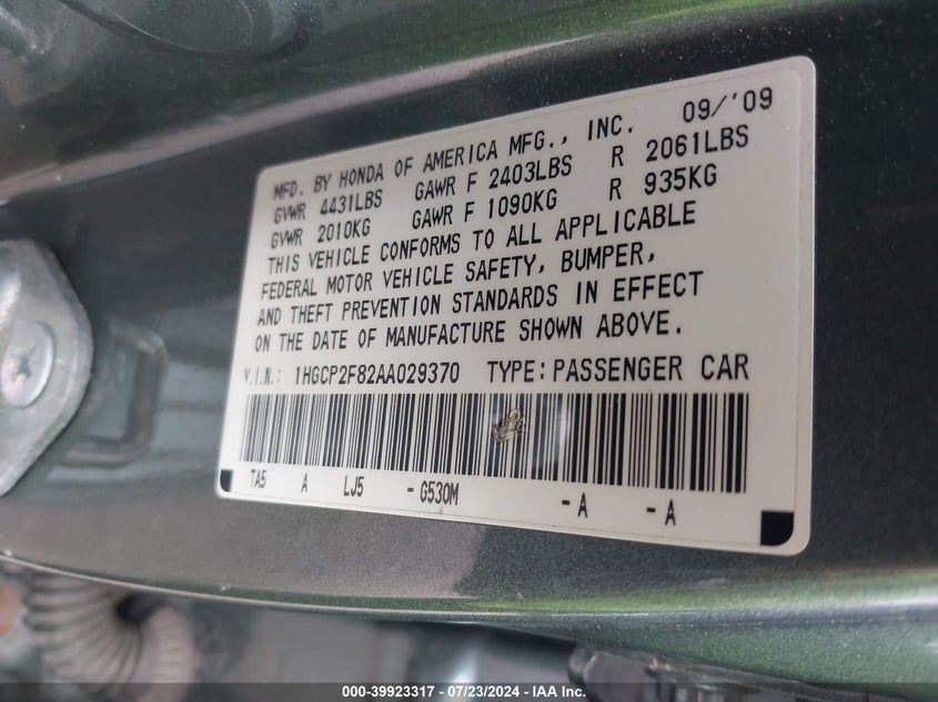 2010 Honda Accord Sdn 2.4 Ex-L/Ex-L VIN: 1HGCP2F82AA029370 Lot: 39923317