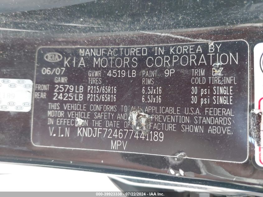 2007 Kia Sportage Lx VIN: KNDJF724677441189 Lot: 39923338