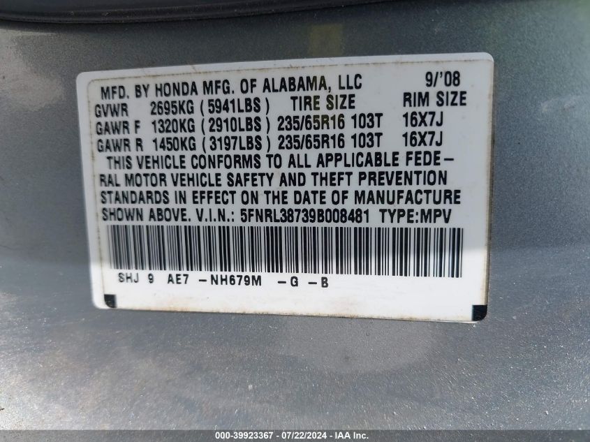 2009 Honda Odyssey Ex-L VIN: 5FNRL38739B008481 Lot: 39923367