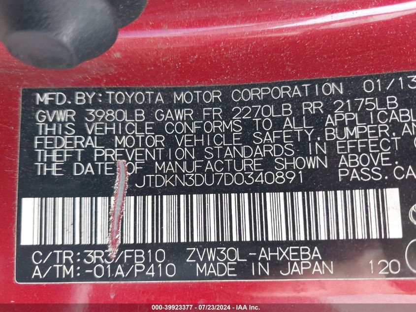 2013 Toyota Prius VIN: JTDKN3DU7D0340891 Lot: 39923377