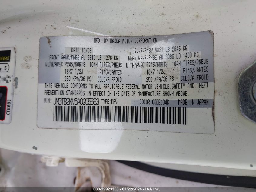 2010 Mazda Cx-9 Touring VIN: JM3TB2MV6A0205663 Lot: 39923388