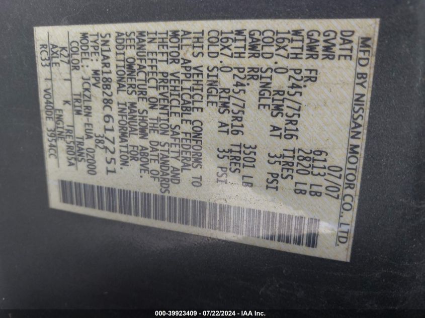 2008 Nissan Pathfinder S VIN: 5N1AR18B28C617251 Lot: 39923409