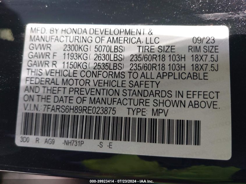 2024 Honda Cr-V Hybrid Sport-L VIN: 7FARS6H89RE023875 Lot: 39923414