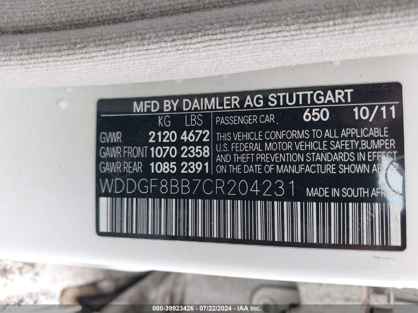 2012 Mercedes-Benz C 300 Luxury 4Matic/Sport 4Matic VIN: WDDGF8BB7CR204231 Lot: 39923426