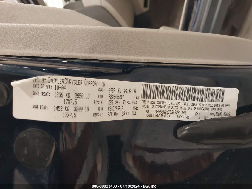 2005 Jeep Grand Cherokee Limited VIN: 1J4HR58N05C539028 Lot: 39923430