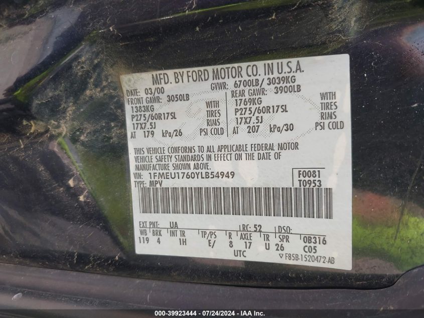 2000 Ford Expedition Eddie Bauer VIN: 1FMEU1760YLB54949 Lot: 39923444