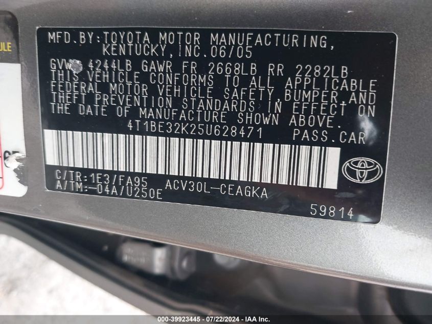 2005 Toyota Camry Xle VIN: 4T1BE32K25U628471 Lot: 39923445