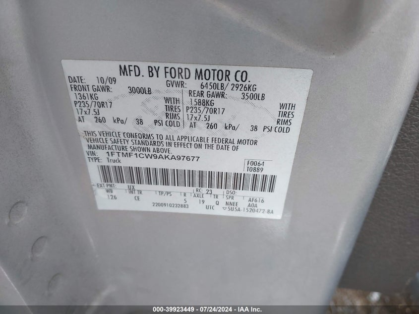 2010 Ford F-150 Stx/Xl/Xlt VIN: 1FTMF1CW9AKA97677 Lot: 39923449