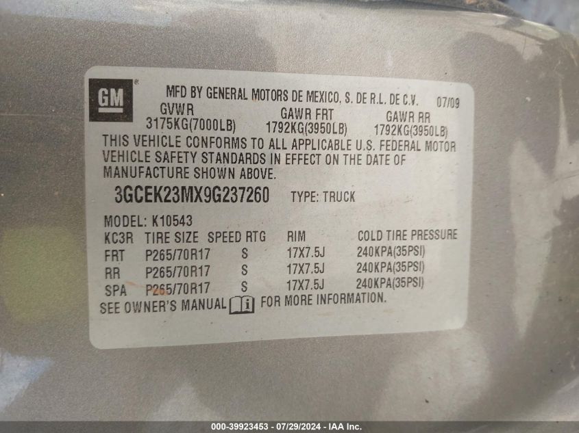 2009 Chevrolet Silverado 1500 Lt VIN: 3GCEK23MX9G237260 Lot: 39923453