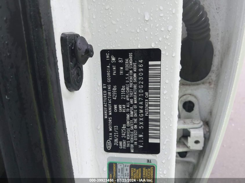 2013 Kia Optima Lx VIN: 5XXGM4A71DG230964 Lot: 39923458