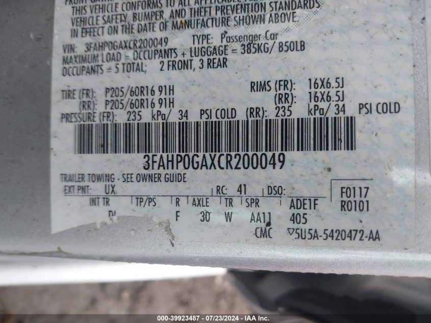 2012 Ford Fusion S VIN: 3FAHP0GAXCR200049 Lot: 39923487