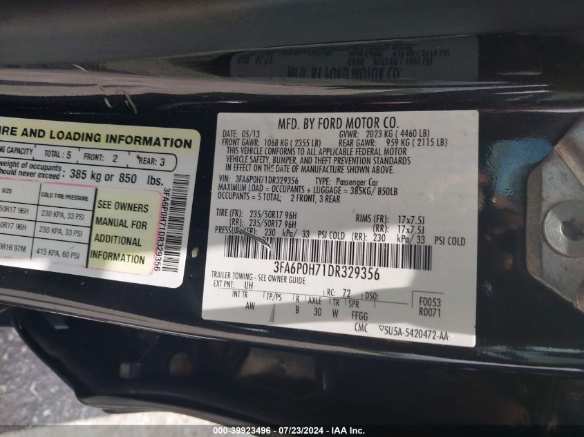 2013 Ford Fusion Se VIN: 3FA6P0H71DR329356 Lot: 39923496