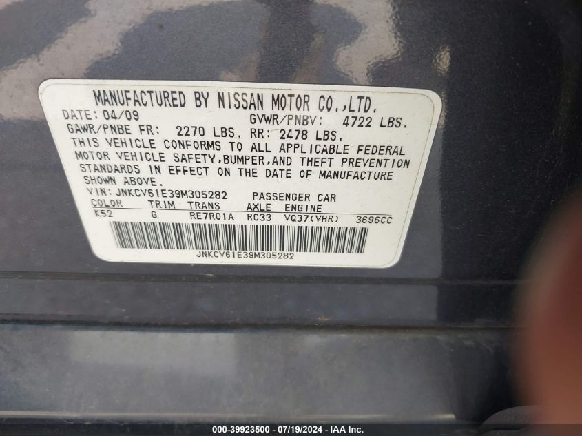 2009 Infiniti G37 Journey VIN: JNKCV61E39M305282 Lot: 39923500