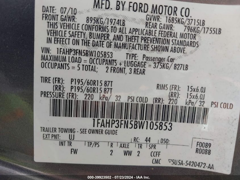 1FAHP3FN5BW105853 2011 Ford Focus Se