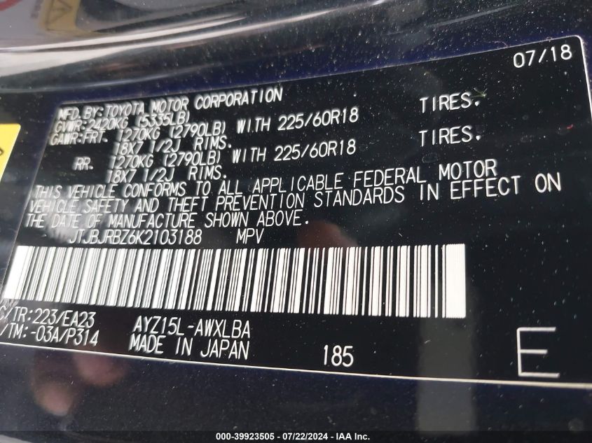 2019 Lexus Nx 300H VIN: JTJBJRBZ6K2103188 Lot: 39923505