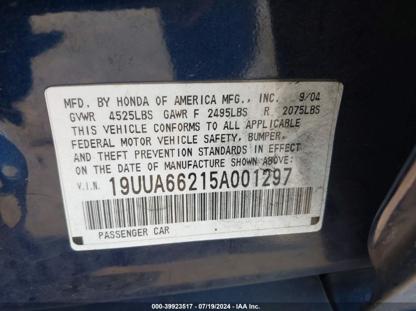 2005 Acura Tl VIN: 19UUA66215A001297 Lot: 39923517