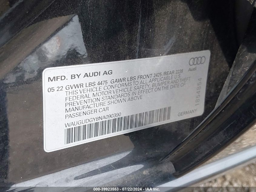 2022 Audi A3 Premium 40 Tfsi Quattro S Tronic VIN: WAUGUDGY8NA090390 Lot: 39923553