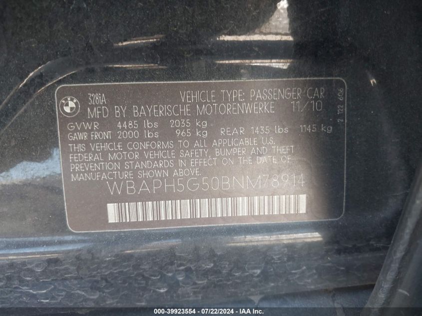 2011 BMW 328I VIN: WBAPH5G50BNM78914 Lot: 39923554