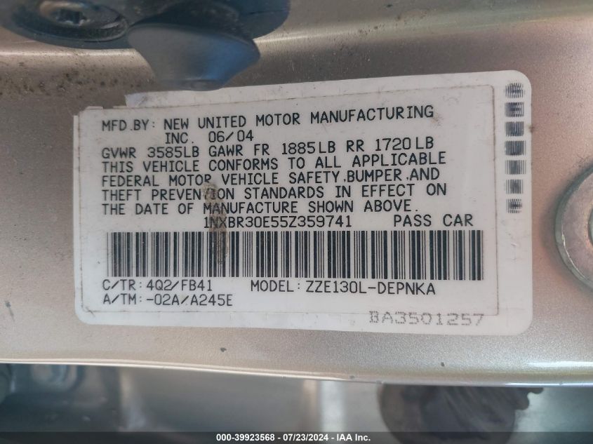 2005 Toyota Corolla Ce/Le/S VIN: 1NXBR30E55Z359741 Lot: 39923568