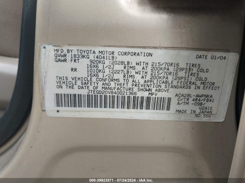 2004 Toyota Rav4 VIN: JTEGD20V840021366 Lot: 39923571