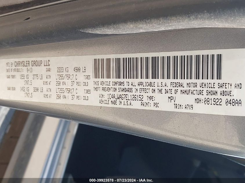 2014 Jeep Wrangler Sport VIN: 1C4AJWAG7EL126152 Lot: 39923578