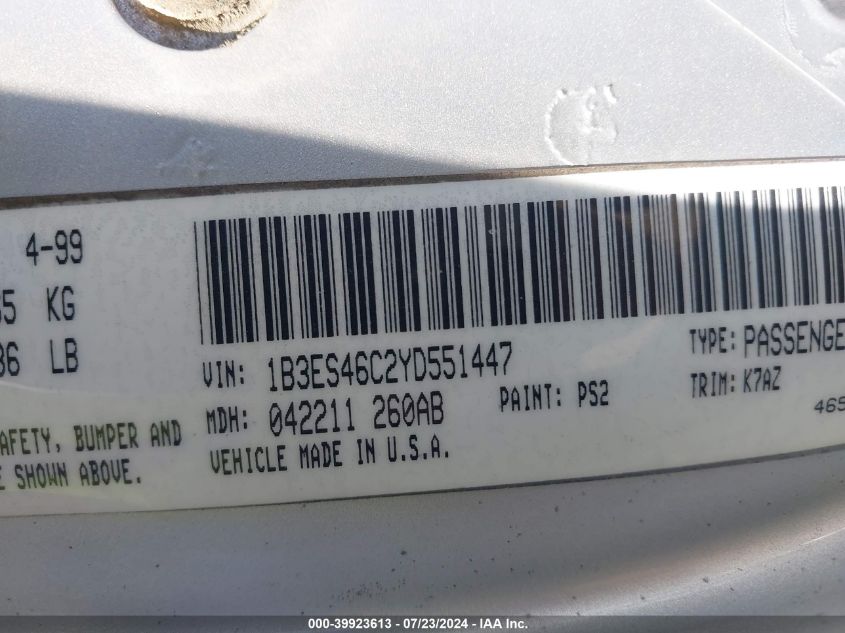 2000 Dodge Neon Es VIN: 1B3ES46C2YD551447 Lot: 39923613