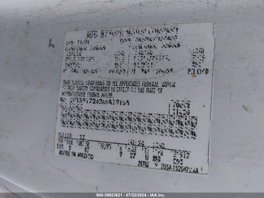 2002 Ford F-150 Xl/Xlt VIN: 3FTRF17242MA19105 Lot: 39923621