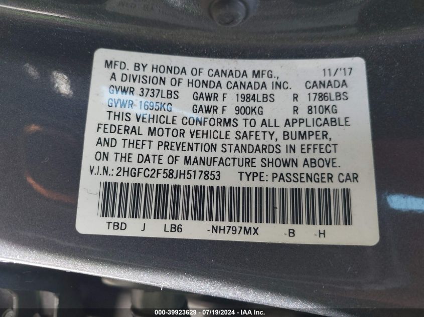 2018 Honda Civic Lx VIN: 2HGFC2F58JH517853 Lot: 39923629