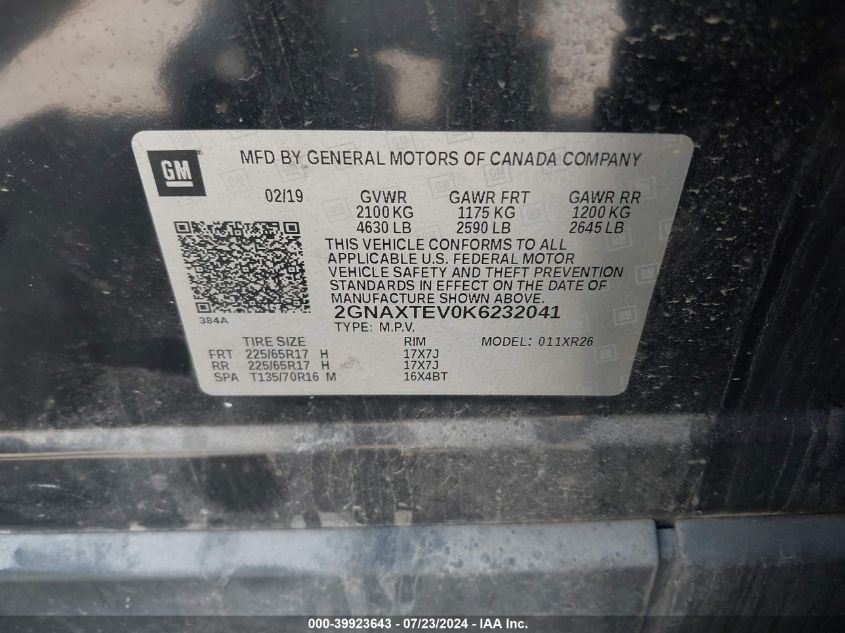 2019 Chevrolet Equinox Lt VIN: 2GNAXTEV0K6232041 Lot: 39923643