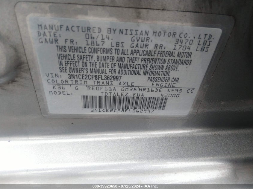 2015 Nissan Versa Note Sl VIN: 3N1CE2CP8FL362997 Lot: 39923658