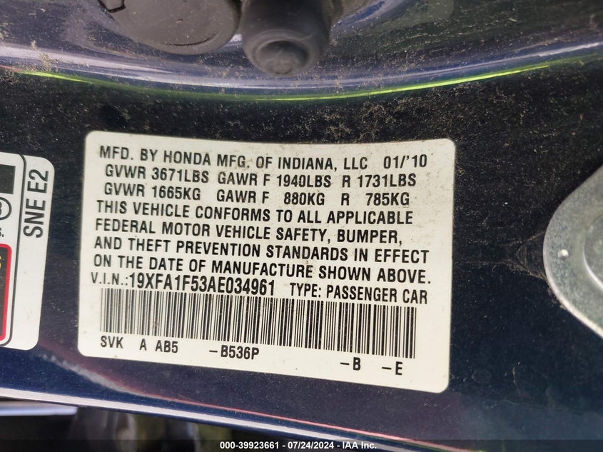 2010 Honda Civic Lx VIN: 19XFA1F53AE034961 Lot: 39923661