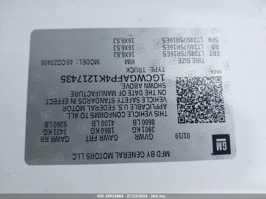 2019 Chevrolet Express 2500 Work Van VIN: 1GCWGAFP4K1217435 Lot: 39923664