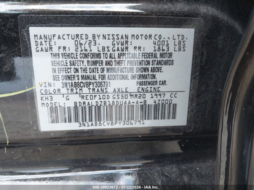 2023 Nissan Sentra Sv Xtronic Cvt VIN: 3N1AB8CV8PY306791 Lot: 39923672