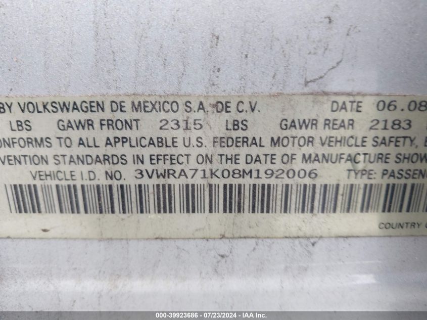 2008 Volkswagen Jetta Wolfsburg Edition VIN: 3VWRA71K08M192006 Lot: 39923686