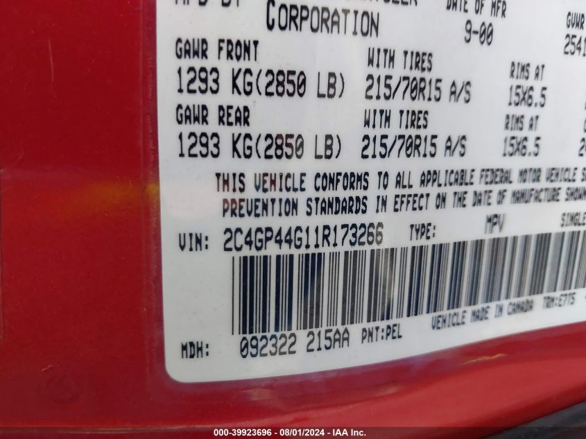 2001 Chrysler Town & Country Lx VIN: 2C4GP44G11R173266 Lot: 39923696