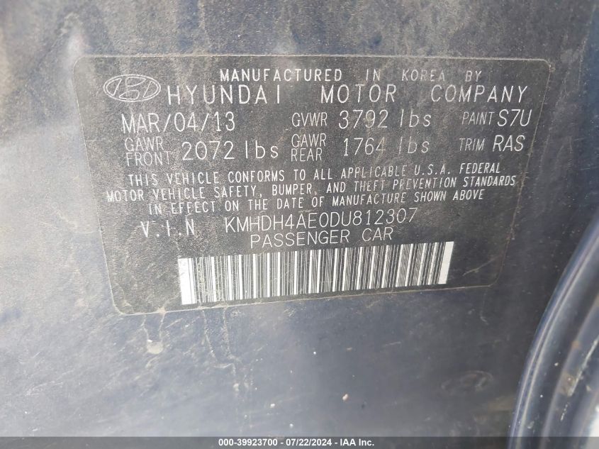 KMHDH4AE0DU812307 2013 Hyundai Elantra Gls