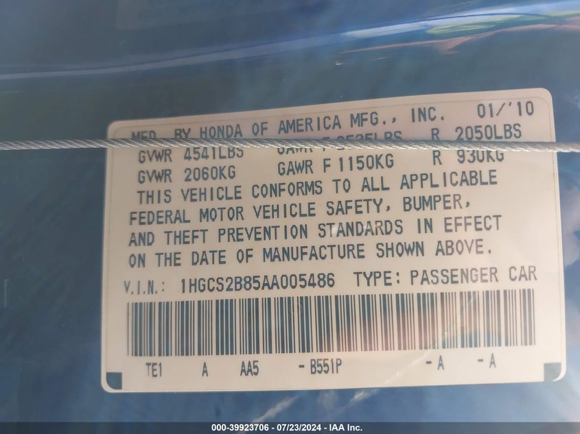 2010 Honda Accord Exl VIN: 1HGCS2B85AA005486 Lot: 39923706