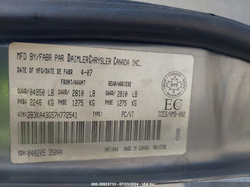 2007 Dodge Charger Se/Sxt VIN: 2B3KA43G57H772541 Lot: 39923713