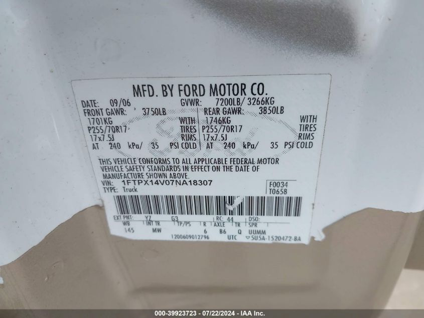 2007 Ford F-150 Fx4/Lariat/Xl/Xlt VIN: 1FTPX14V07NA18307 Lot: 39923723