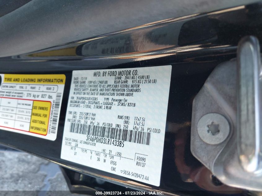 2020 Ford Fusion Se VIN: 3FA6P0HD3LR143385 Lot: 39923724