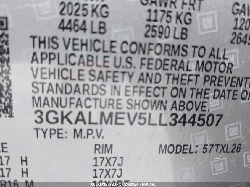 2020 GMC Terrain Fwd Sle VIN: 3GKALMEV5LL344507 Lot: 39923728