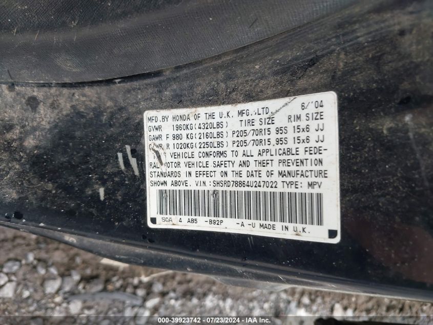 2004 Honda Cr-V Ex VIN: SHSRD78864U247022 Lot: 39923742