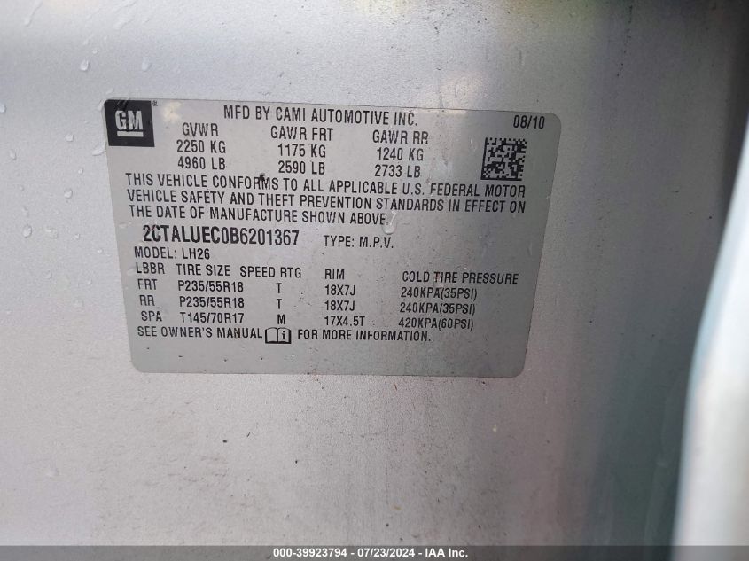 2011 GMC Terrain Slt VIN: 2CTALUEC0B6201367 Lot: 39923794