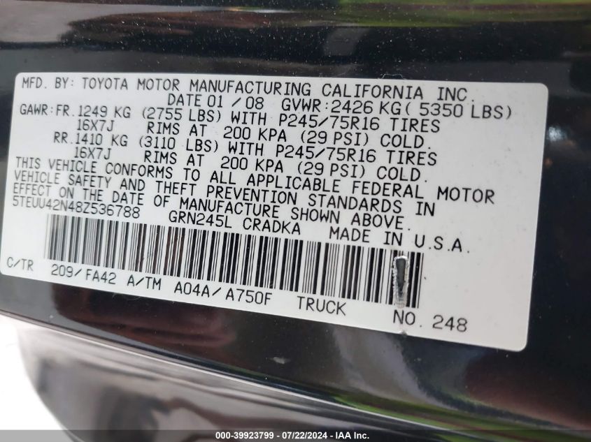 2008 Toyota Tacoma Base V6 VIN: 5TEUU42N48Z536788 Lot: 39923799