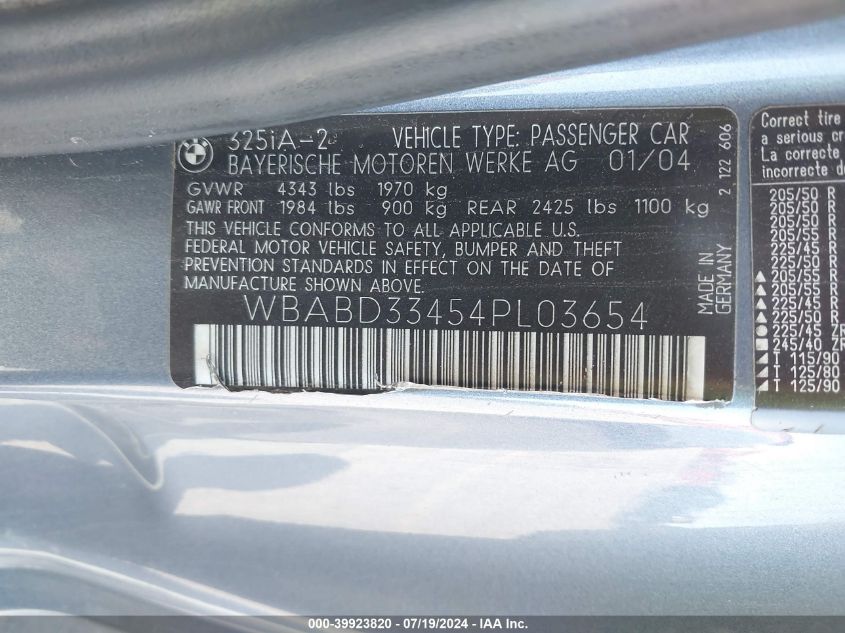 2004 BMW 325Ci VIN: WBABD33454PL03654 Lot: 39923820