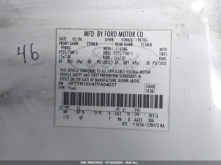 2007 Ford Ranger Sport/Stx/Xl/Xlt VIN: 1FTYR10U47PA04037 Lot: 39923824