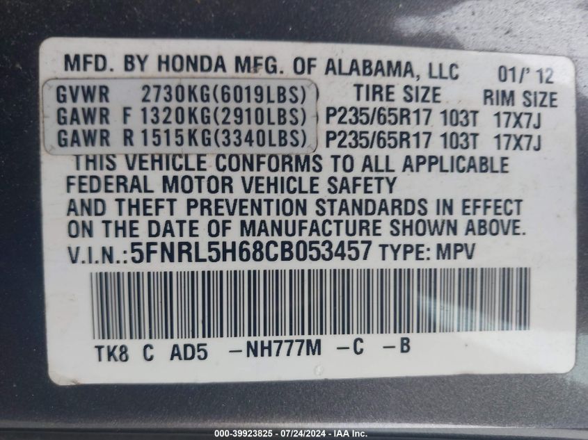 2012 Honda Odyssey Ex-L VIN: 5FNRL5H68CB053457 Lot: 39923825